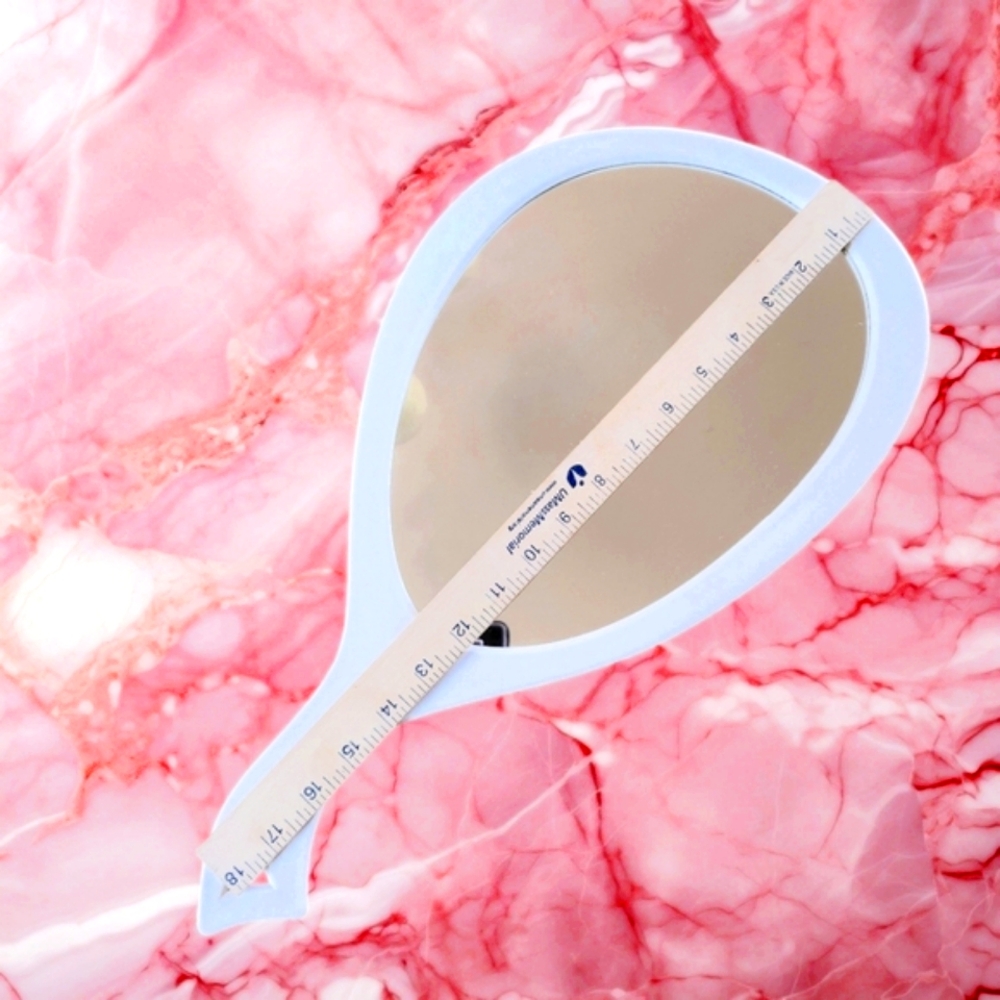 Oversized Vanity Mirror New in Box Contoured Handle White Plastic Frame